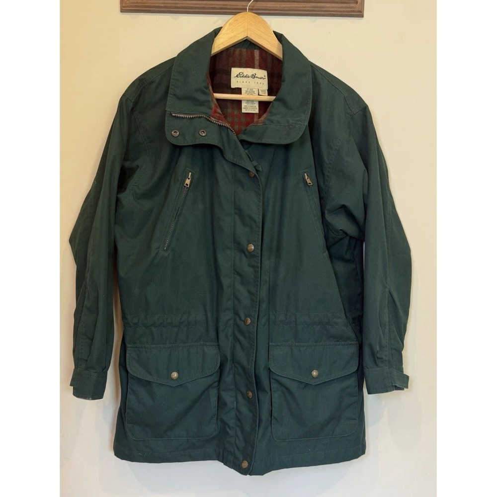 VTG Womens Eddie Bauer Utility Barn Jacket Wool Lined Green Winter Chore Coat Lg